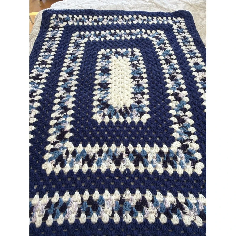 Vintage Hand Crochet Blue/white Small Throw Blanket 48in X 37in GWB002